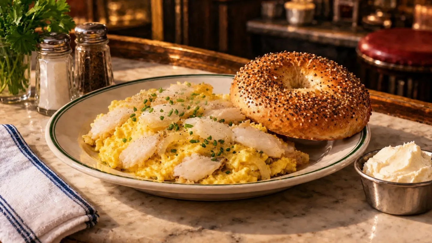 AI-made picture of Sturgeon Scrambled with Eggs and Onions