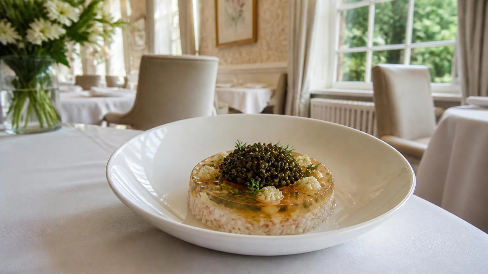 AI-made picture of Dorset crab, lobster jelly, cauliflower, Oscietra caviar