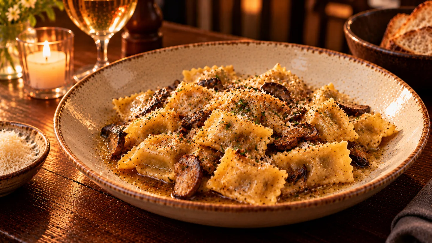 AI-made picture of Agnolotti – pork cheek & porcini butter