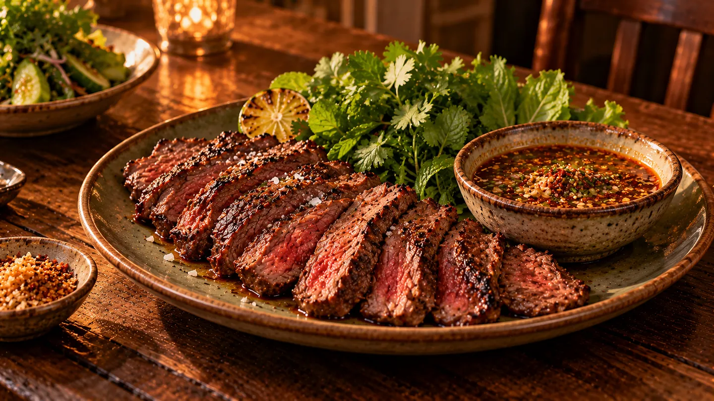 AI-made picture of Coconut smoked grilled Bavette with Nam Jim jaew