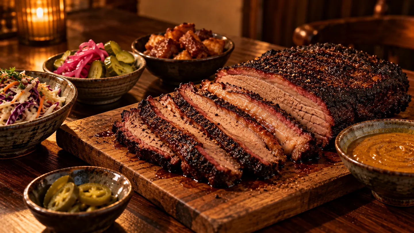 AI-made picture of beef brisket, mustard barbecue