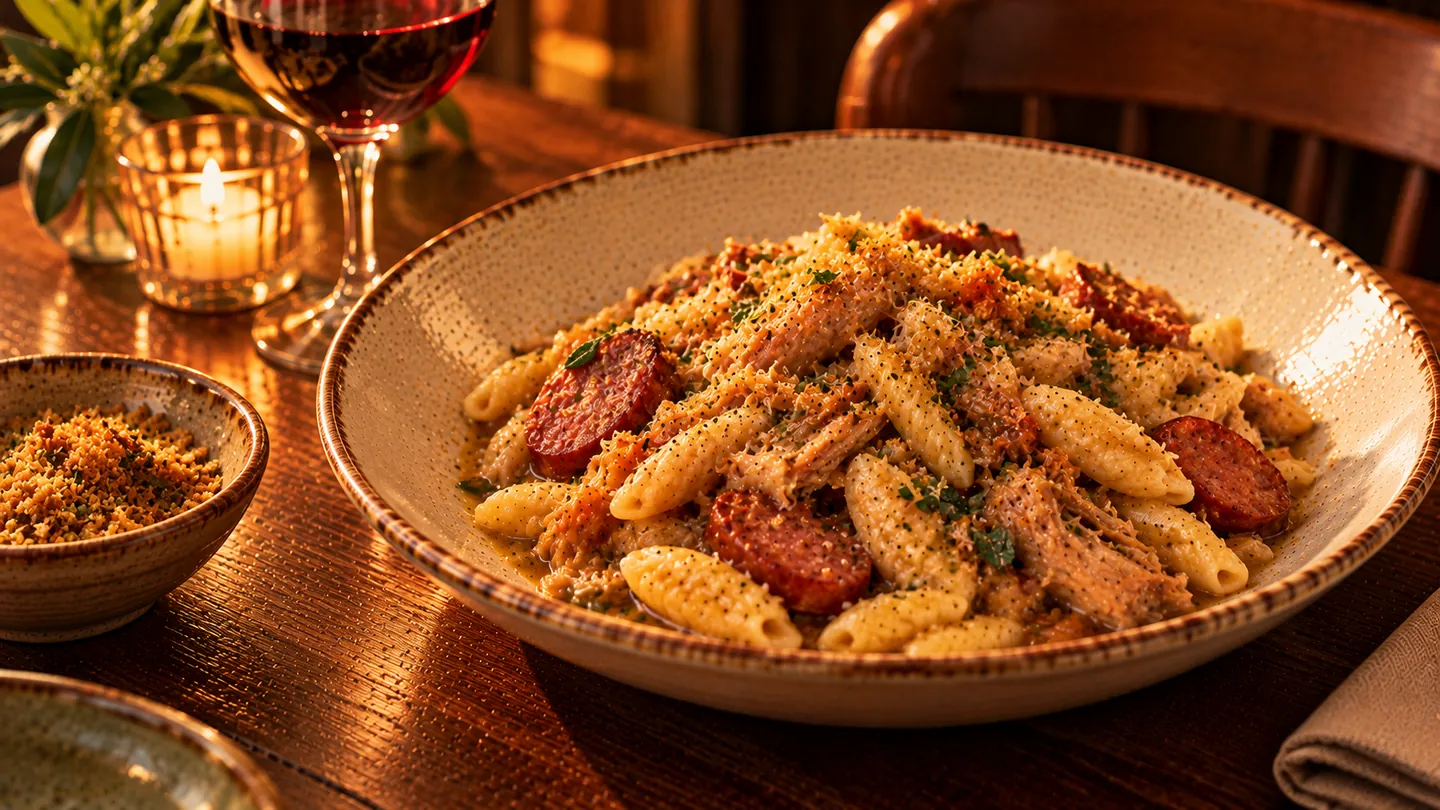 AI-made picture of Hand-rolled cavatelli with braised rabbit, fried crumbs, Morteau sausage and white wine