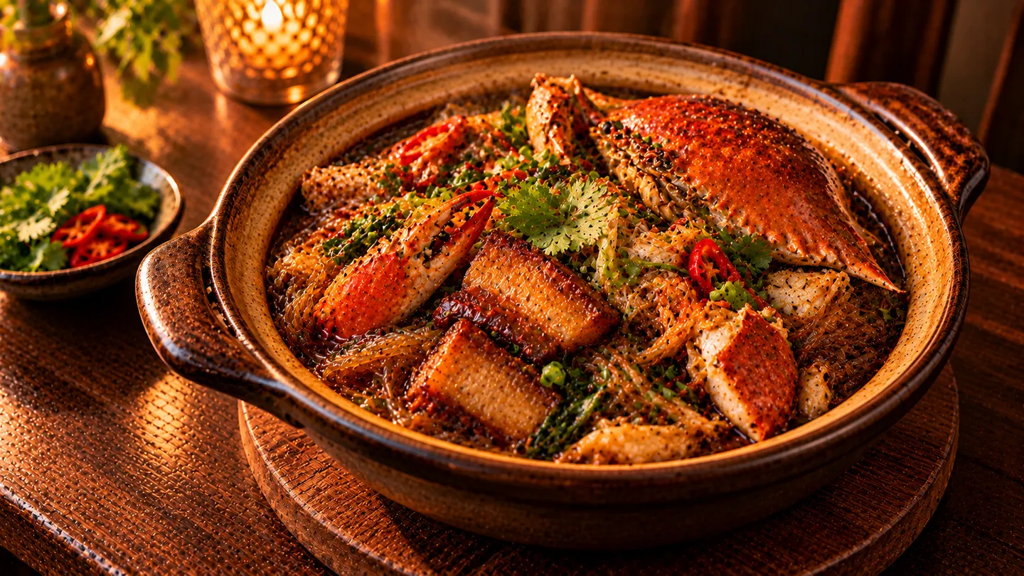 AI-made picture of Claypot Glass Noodles with Tamworth Belly & Câr-y-Môr Brown Crab