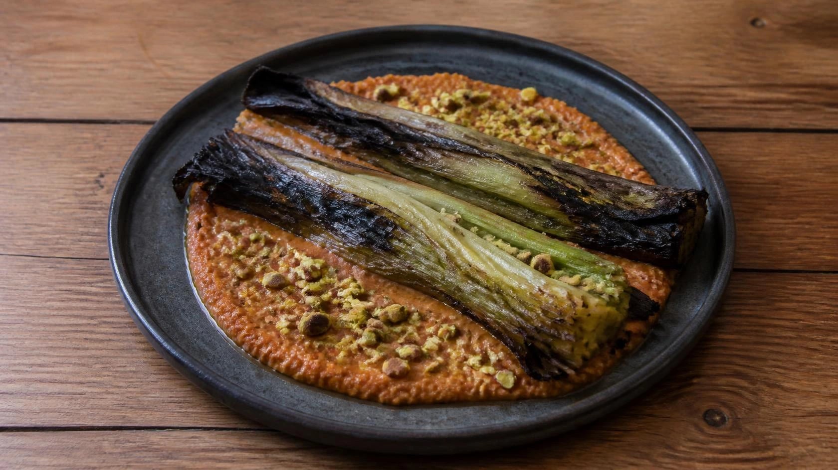 AI-made picture of Coal Roast Leeks, Pistachio Romesco