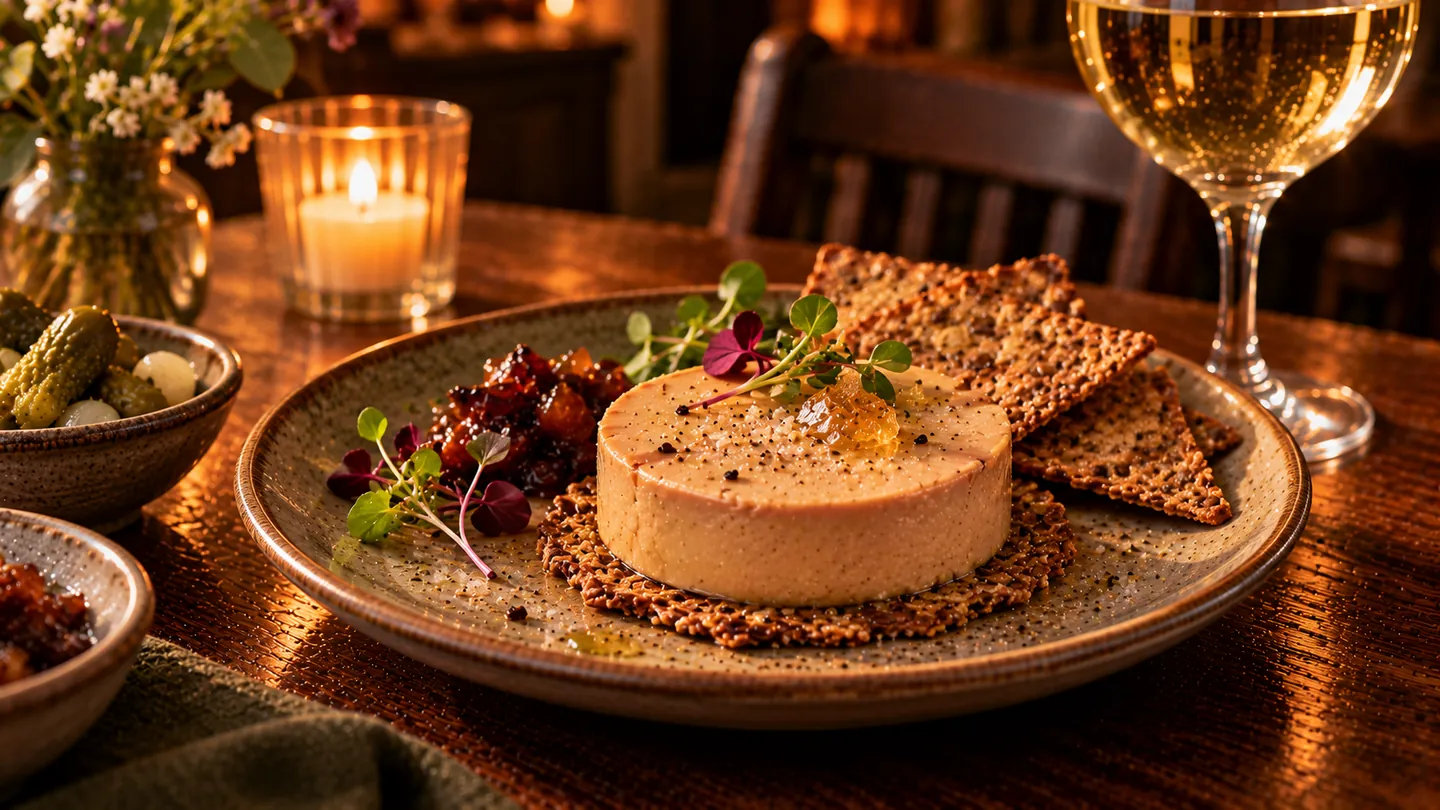 AI-made picture of Duck liver parfait & linseed cracker