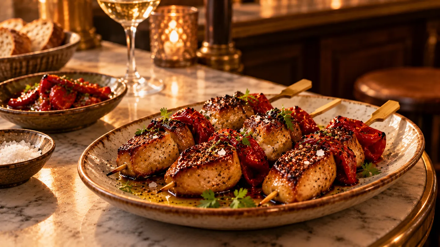 AI-made picture of Brochettes de foie gras de canard aux piquillos