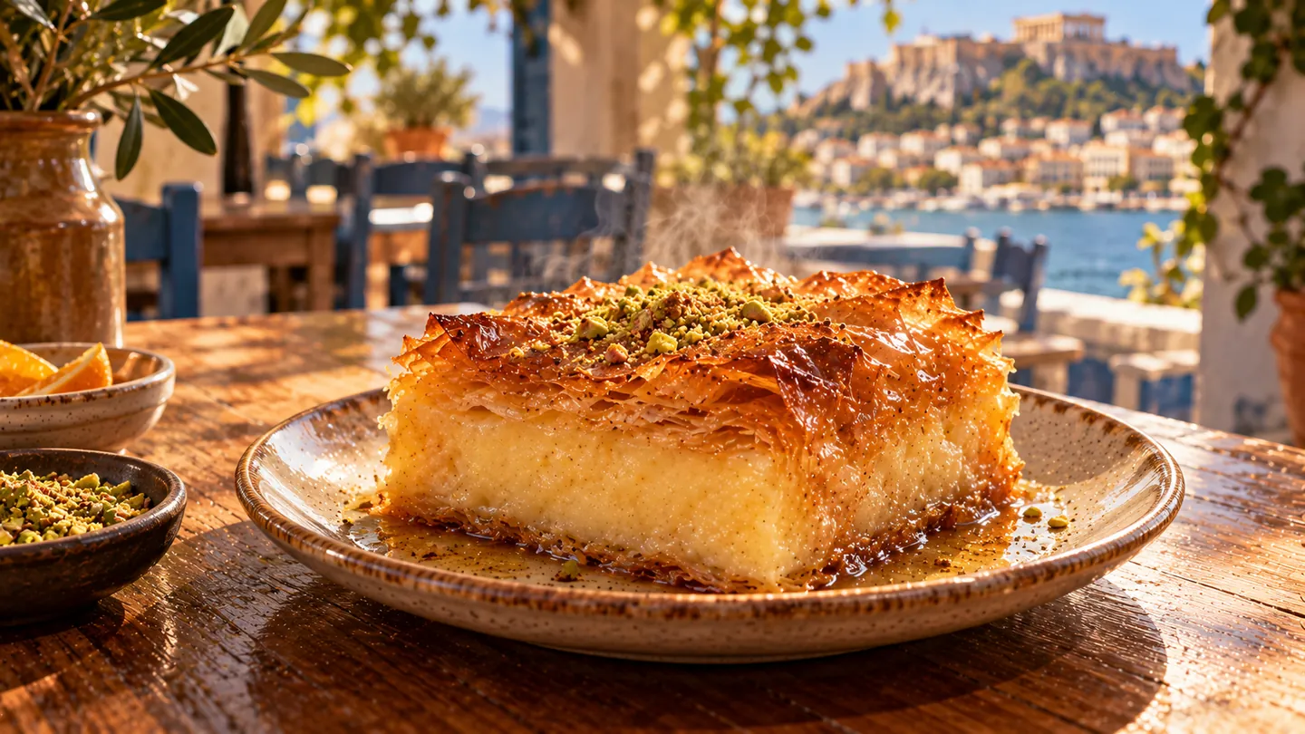 AI-made picture of Galaktoboureko (Γαλακτομπούρεκο)