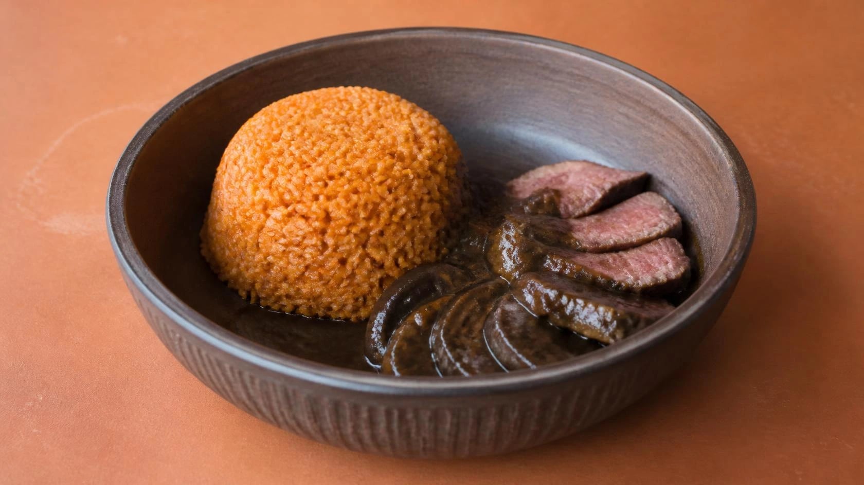 AI-made picture of Jollof (beef fillet, ox tongue, mbongo sauce)