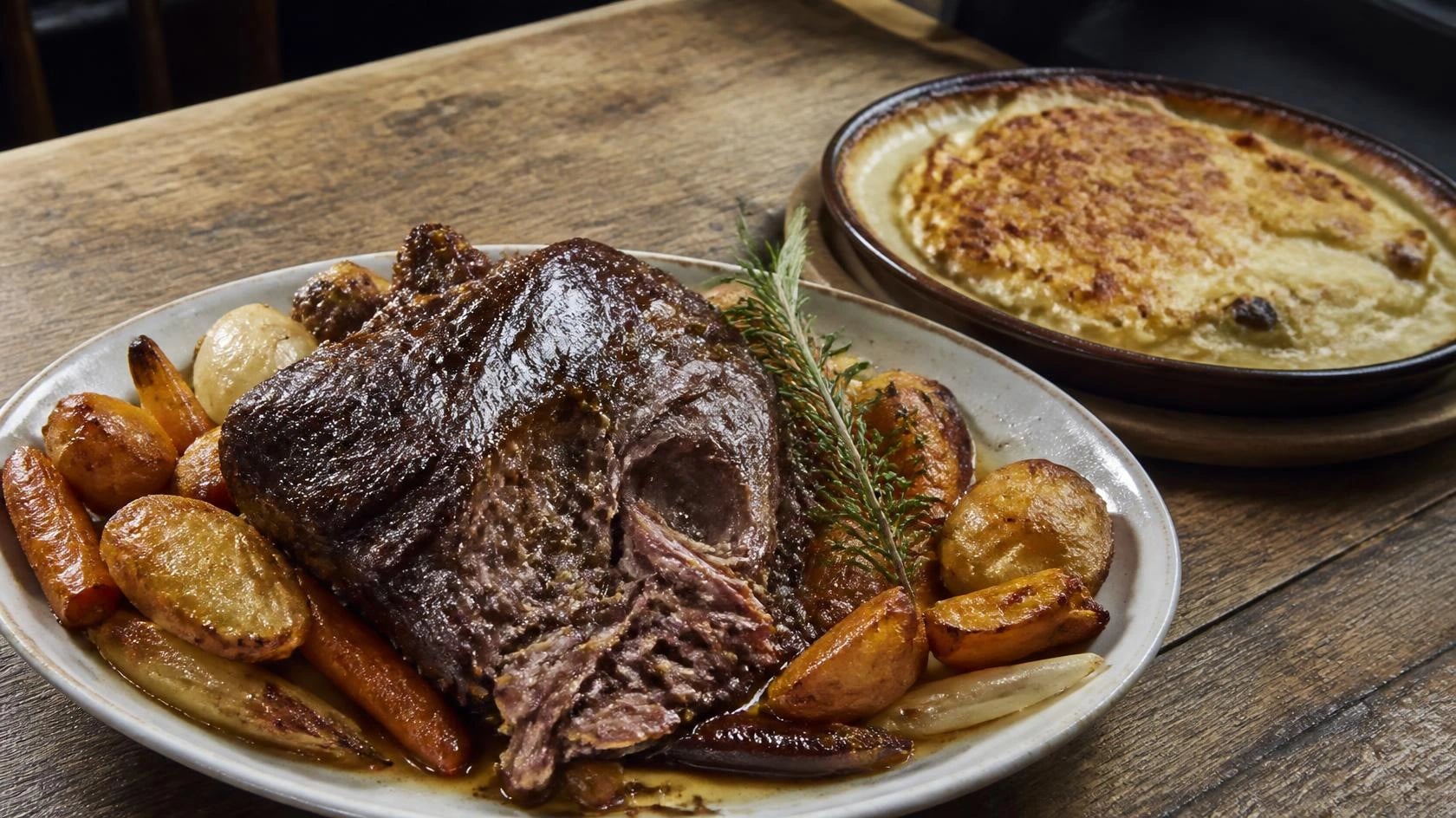 AI-made picture of Seven hour lamb shoulder and roots, gratin dauphinois