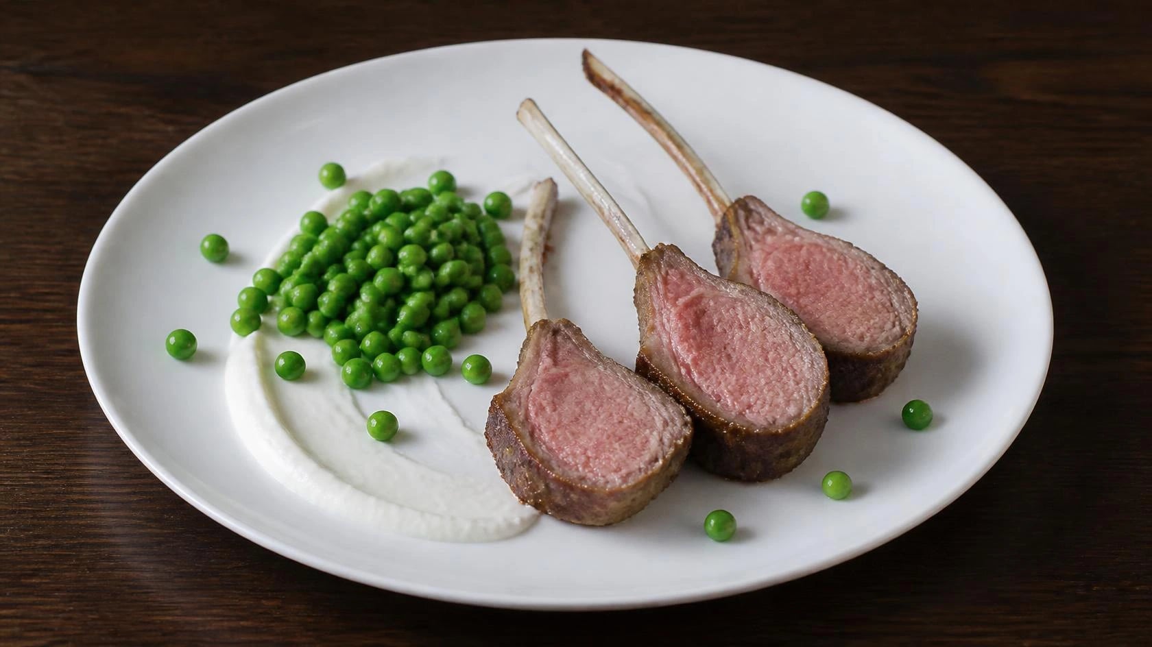 AI-made picture of Lamb rack, peas & labneh