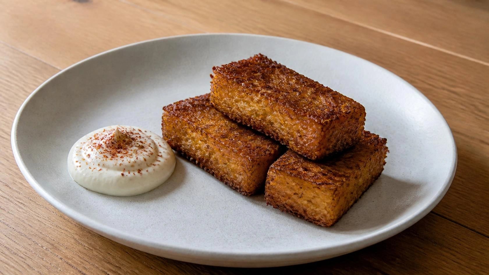 AI-made picture of Confit potato latkes, toum