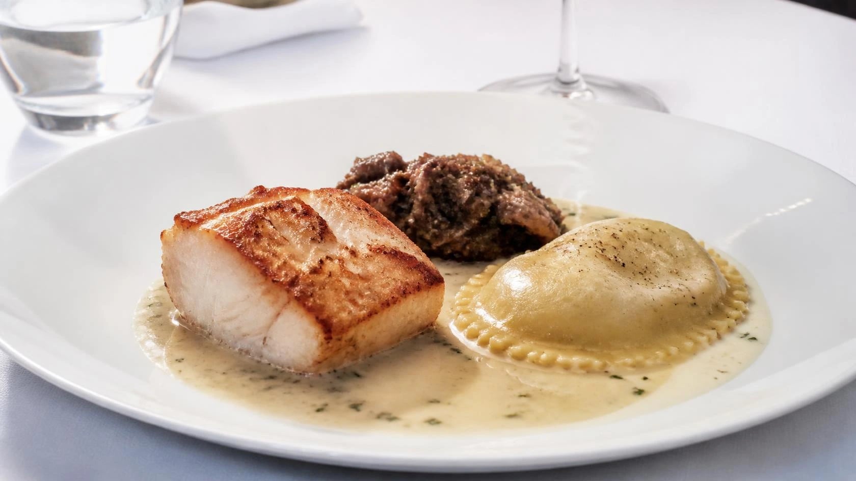AI-made picture of Roast Cornish Monkfish, Raviolo of Shetland Mussels, Smoked Pork and Seaweed Ragu