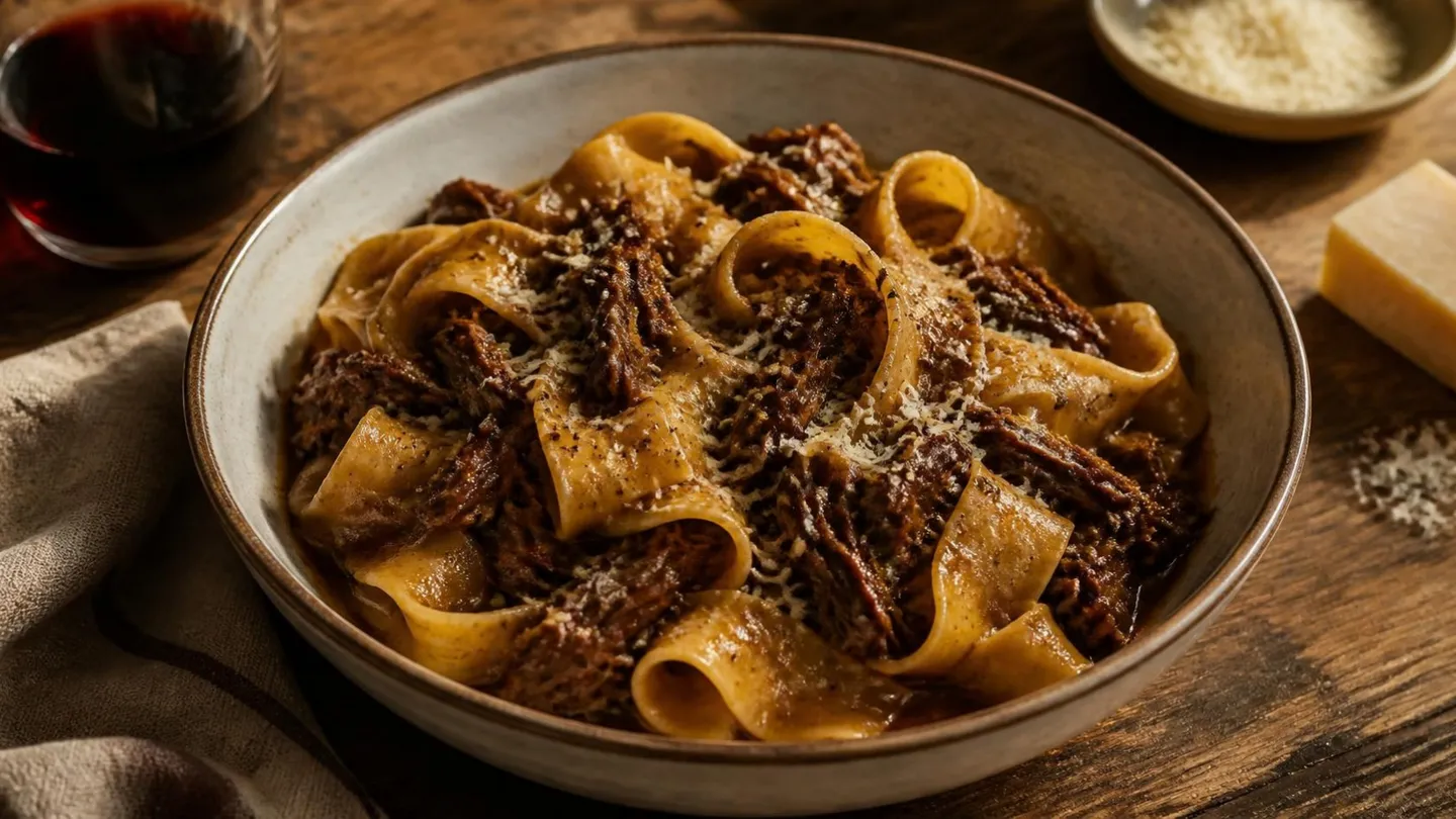 AI-made picture of Pappardelle with beef shin ragu