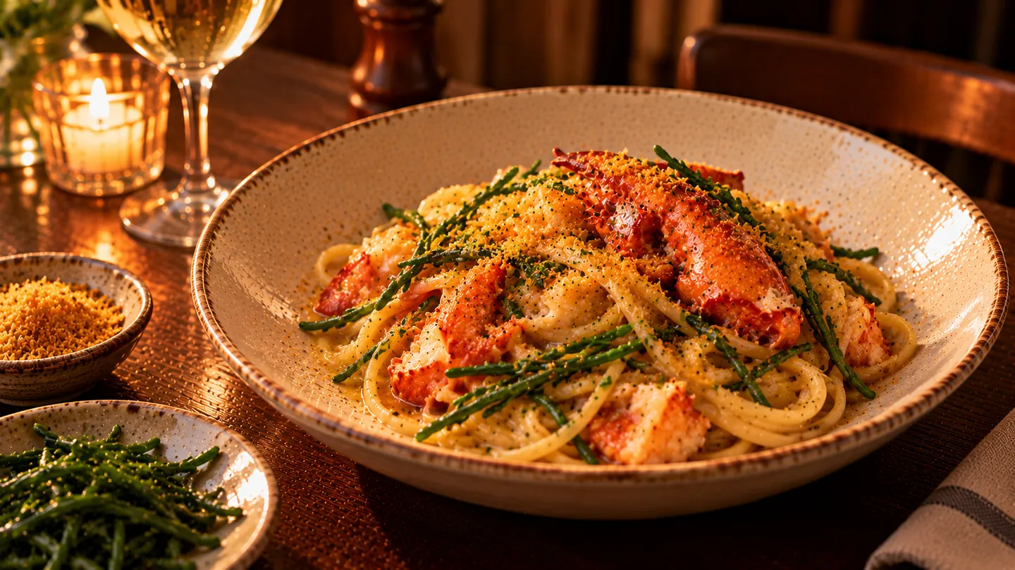 AI-made picture of Lobster linguine, marsh samphire and bottarga