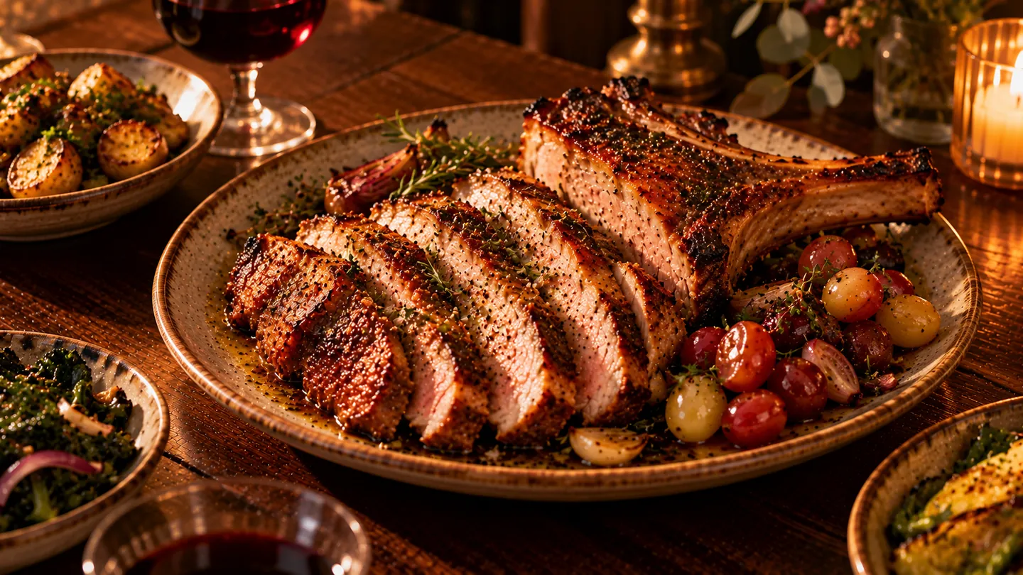 AI-made picture of Whey fed pork chop, pickled Longview grapes