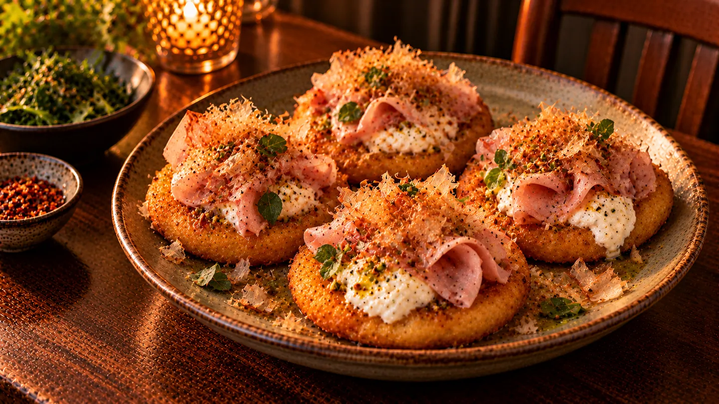 AI-made picture of Fried Potato Pizzette, Bonito, Burrata & Mortadella