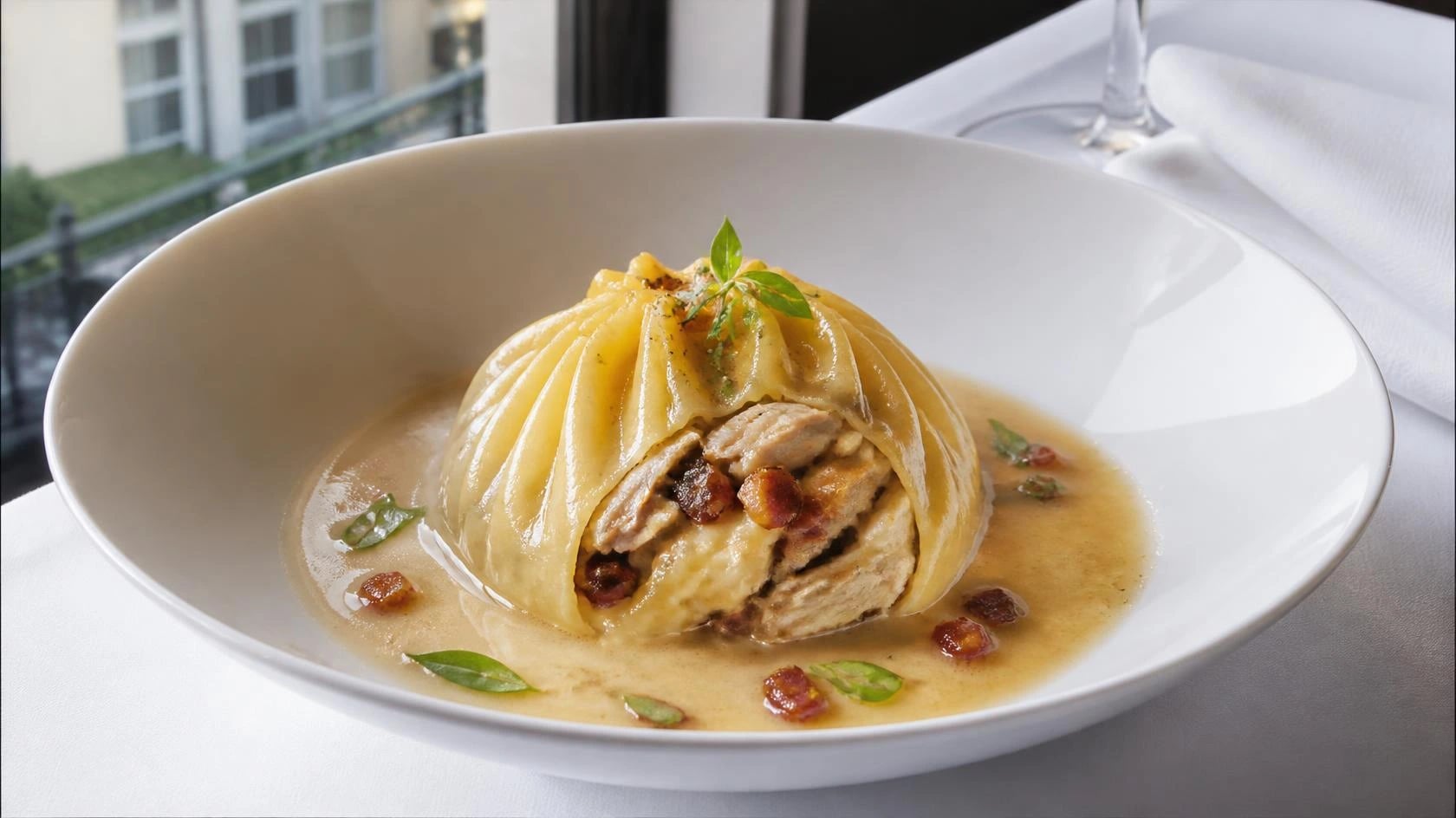 AI-made picture of Pot Roast Quail Dumpling, Alsace Bacon, Gruyere and Tarragon