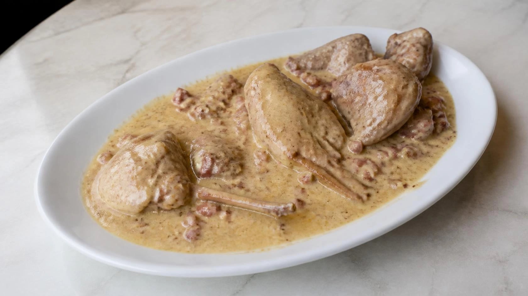 AI-made picture of Rabbit, mustard sauce, smoked bacon