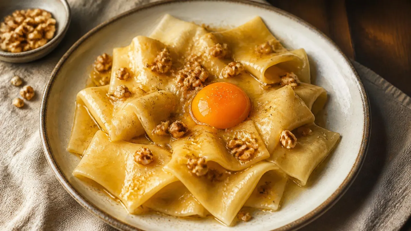 AI-made picture of Silk handkerchiefs, walnut butter, confit egg yolk