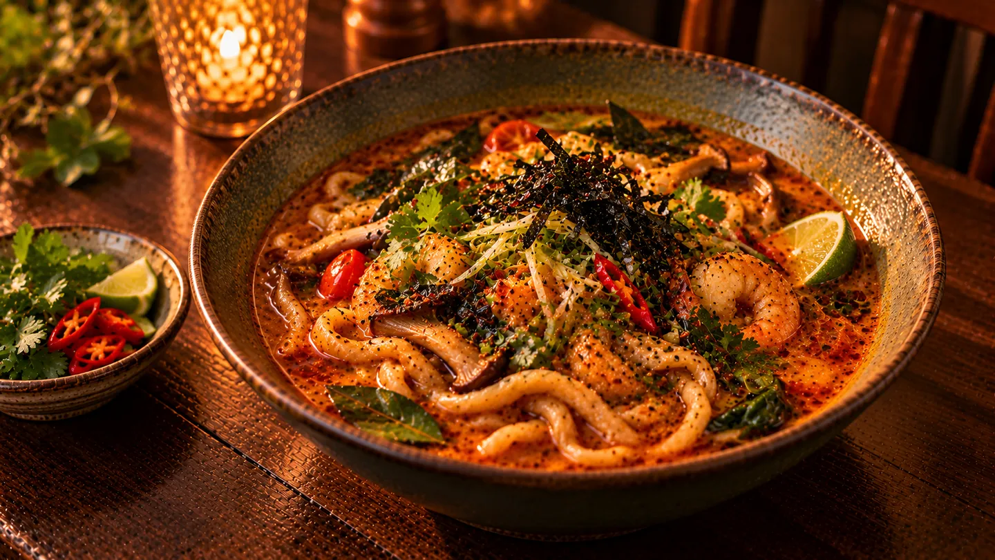AI-made picture of Sourdough noodles, fermented tom yum, seaweed
