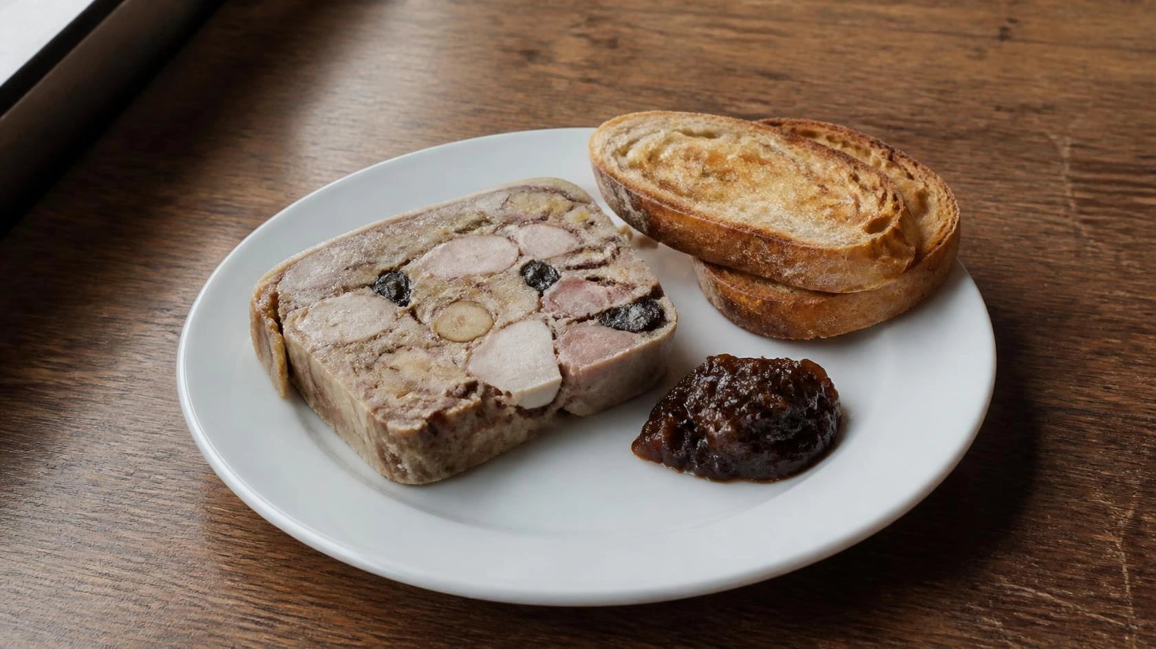 AI-made picture of Suffolk Chicken, Old Spot Pork, Agen Prune & Hazelnut Terrine, Spiced Chutney & Toast