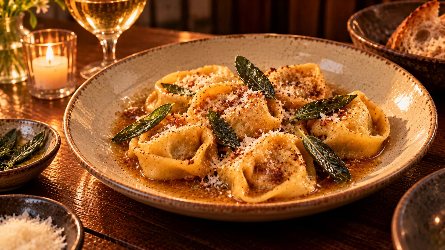 AI-made picture of Tortelloni, roasted pork shoulder, sage butter