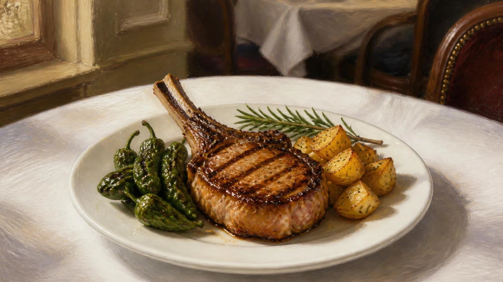 AI-made picture of Grilled Correze veal chop, padron peppers, roasted potatoes