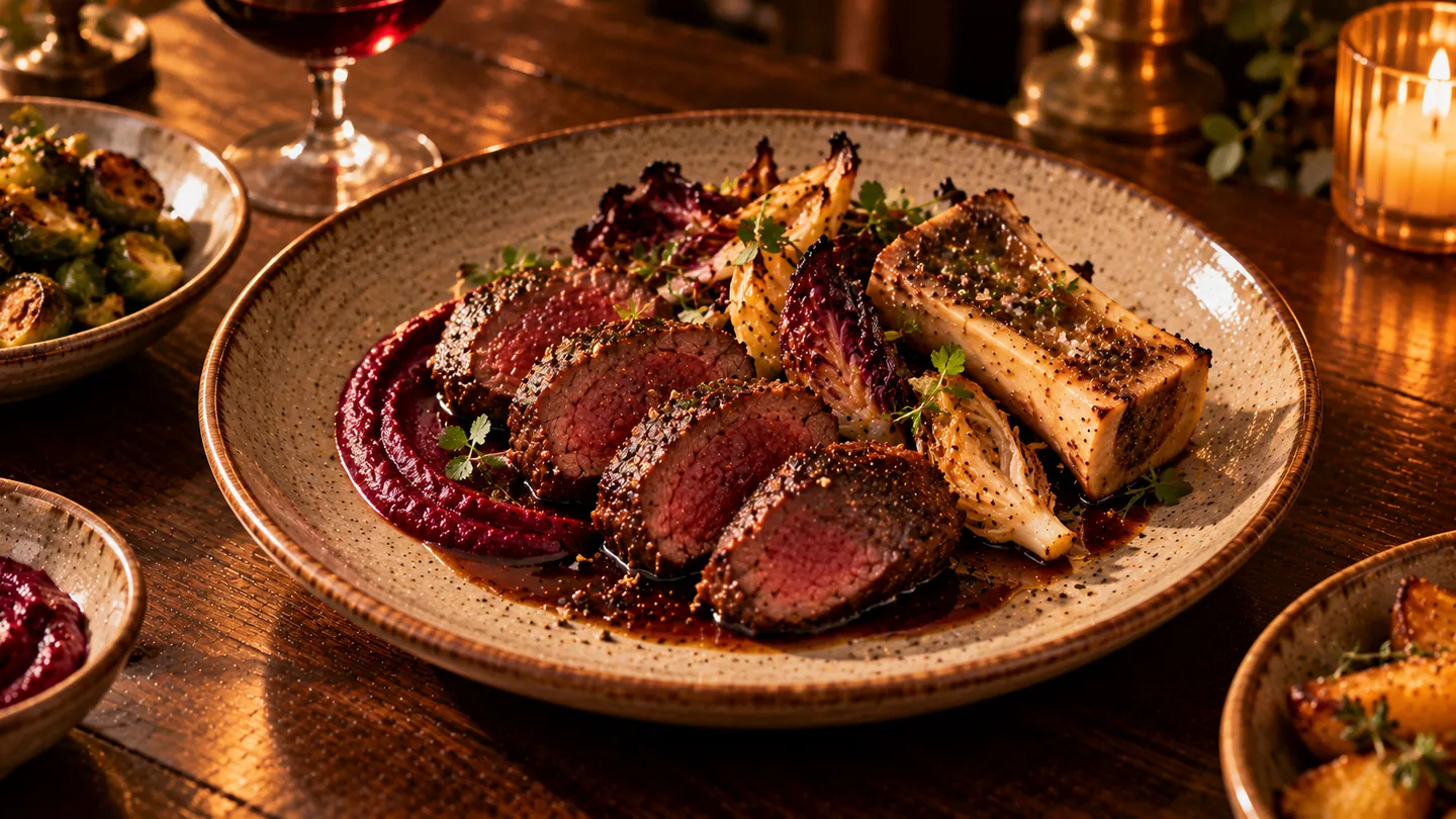 AI-made picture of Wild noisette venison, beetroot puree, kalibos cabbage & smoked bone marrow